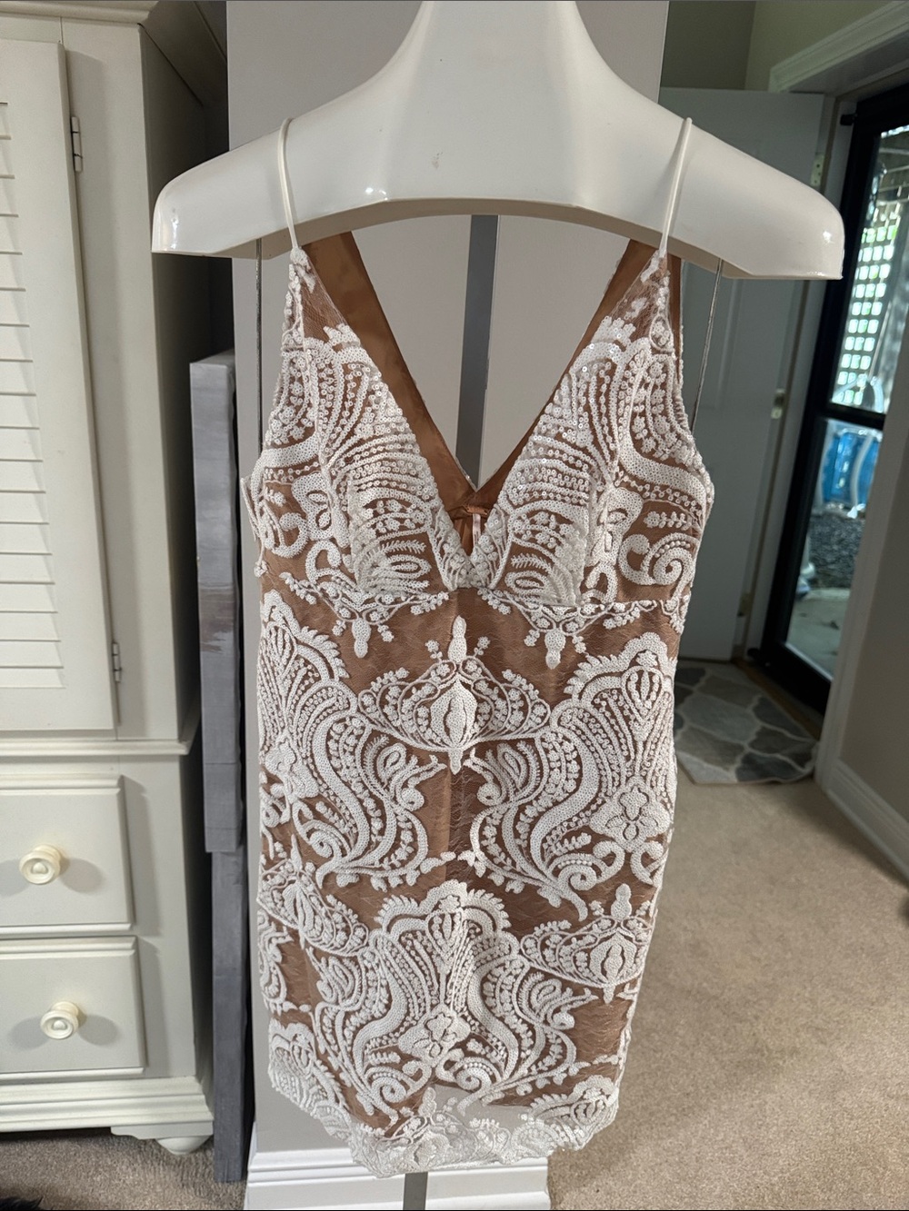 Free People Taupe Mini Dress with White Lace Overlay